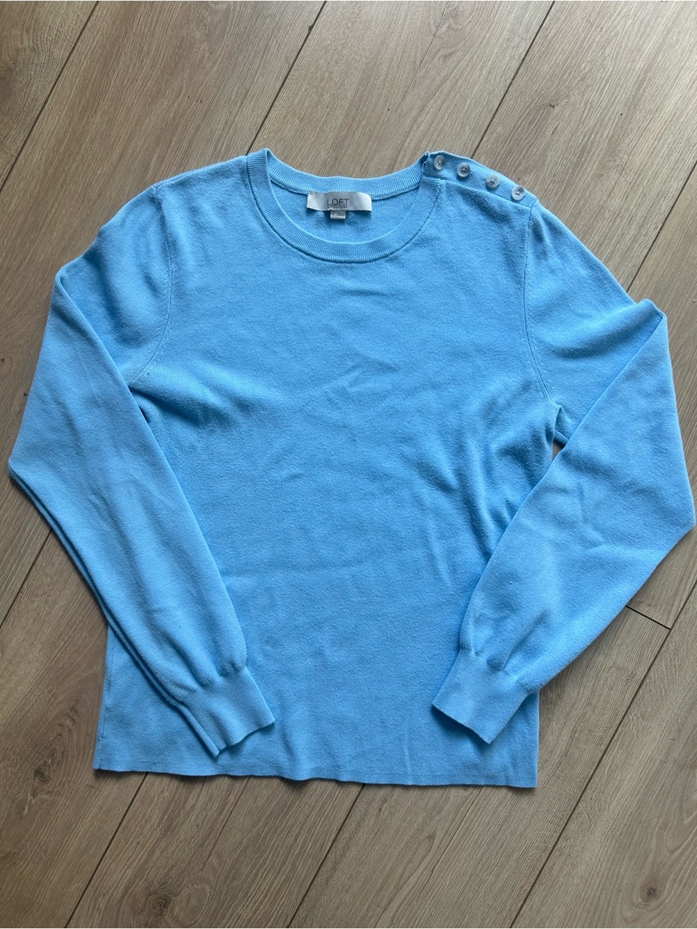 LOFT Light Blue Crewneck Sweater with Shoulder Buttons